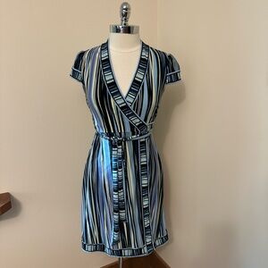 BCBG Blue Striped Stretch Wrap Dress Size S
